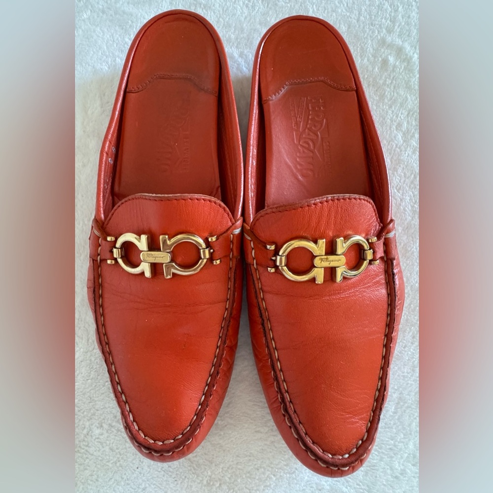Salvatore Ferragamo Women's Orange Leather Mules Slip-on Size 8